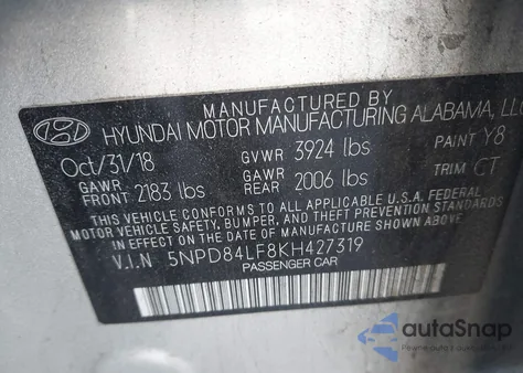 2019 Hyundai Elantra Sel from USA, damaged, VIN 5NPD84LF8KH427319